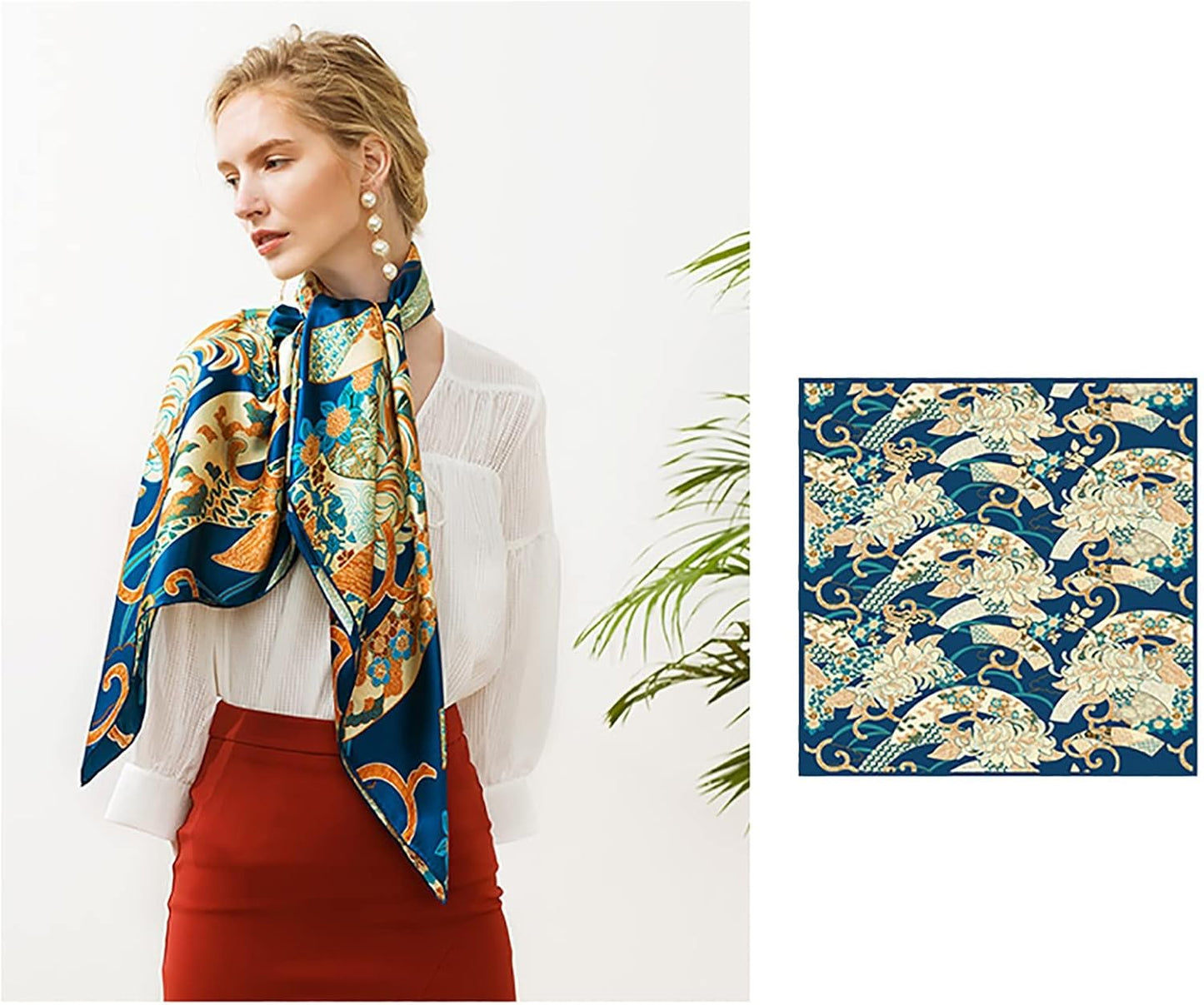 RAN Winter Warm Scarfs 41.7 Inches Satin Head Scarf Square Silk Scarf Flowers Printed Large Neckerchief, Head Shawl, Gift for Lady