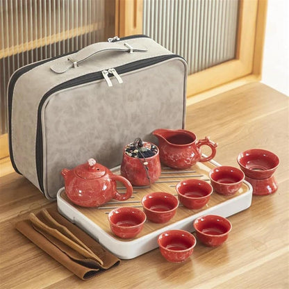 Afternoon Tea Set Travel Ceramic Kung Fu Tea Set Tray Full Portable Storage Bag Pot Cup Tea Set for Adults (Color : E)