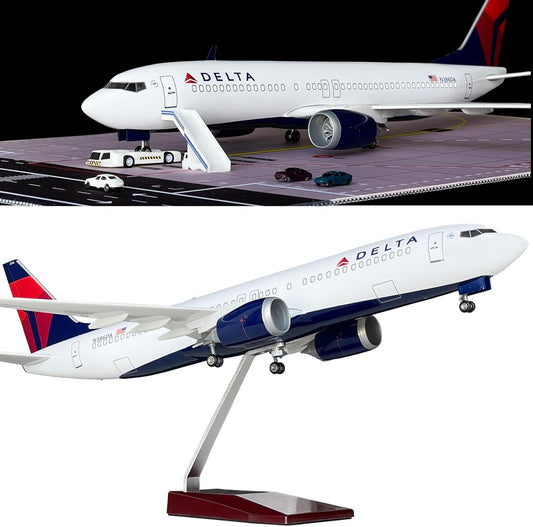 B737 Model Plane 1/150 Scale 737 Model Airplane 18.5 Inches Long with LED Lights and a Large Rubber Airport Mat, Ideal Gift and Display