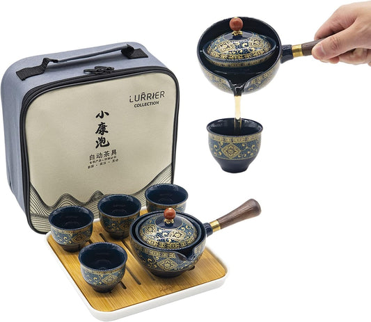 LURRIER 陶瓷中国功夫茶具套装,便携式茶壶套装,带 360 度旋转茶壶和浸泡器,便携式多合一礼品袋,适合旅行、家居、送礼、户外和办公室(花蓝色)