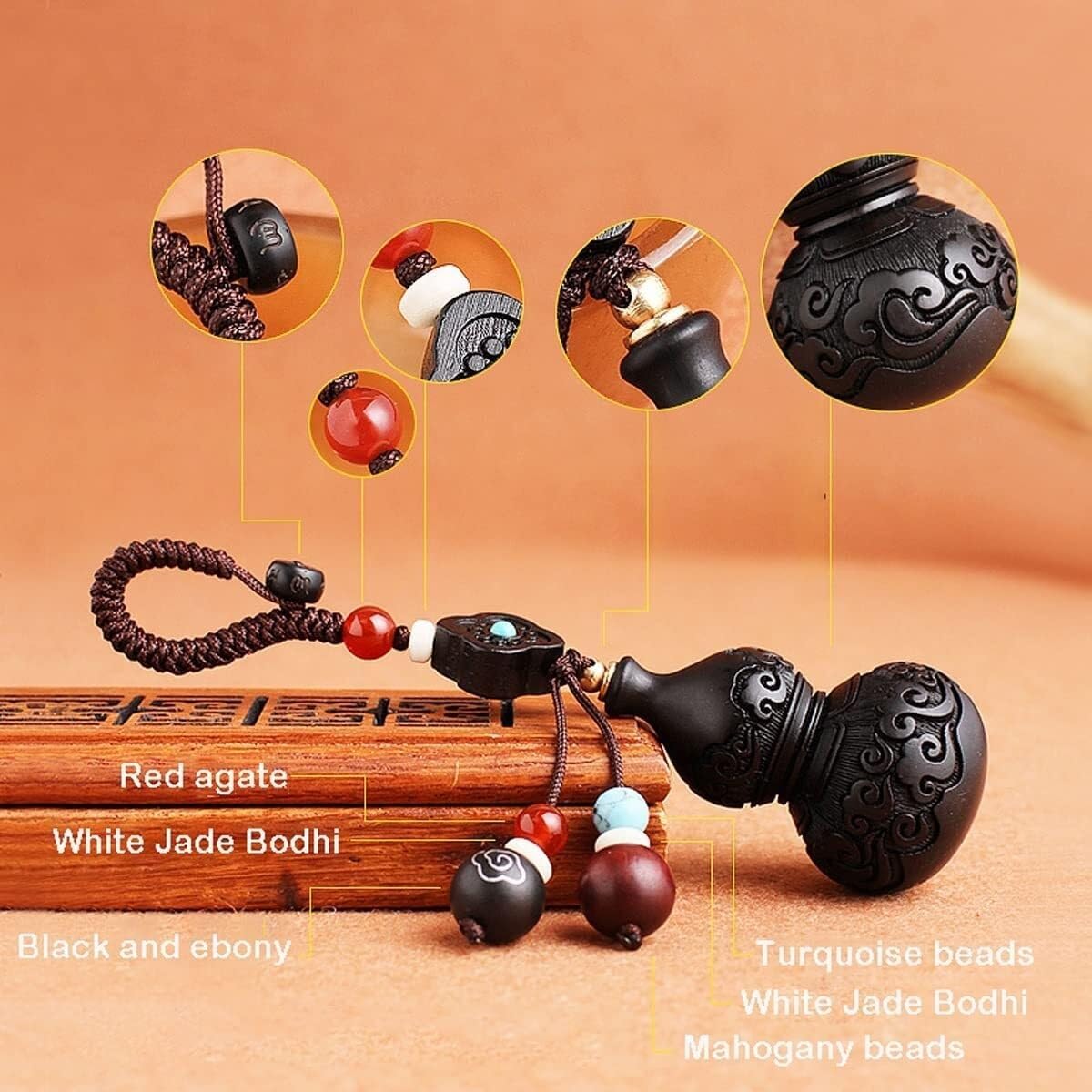 RAN Black Sandalwood Handmade Key Chain Gourd Keychain Pendant Car Keychain Lucking Cute Trinkets for Men and Women
