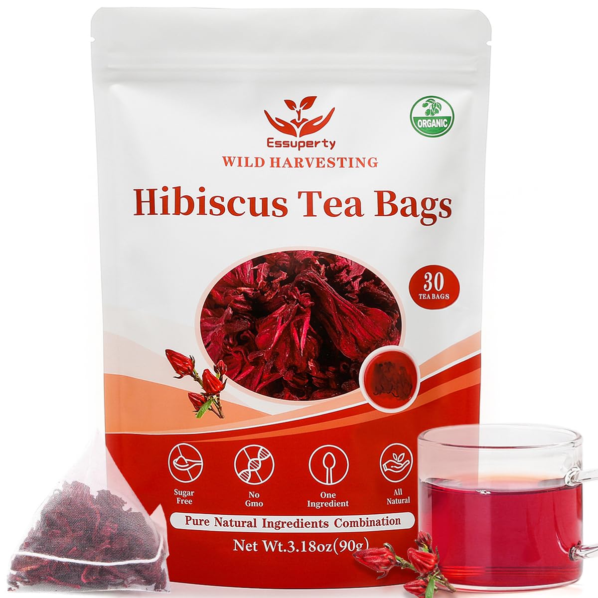 Essuperty- Rose Pu 'er Tea, Rose Puerh Tea Bags, Eco-Conscious Tea Bags, Caffeinated, All Natural Ingredients