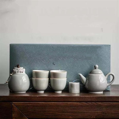 Afternoon Tea Set Japanese Style Ice Gray Glaze Porcelain Kung Fu Tea Set Household Tureen Side Handle Pot Set Tea Set Porcelain Tea Set Chinese Tea Set For Adults (Color : E)