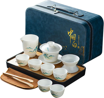 ICHAG Asian tea set |Kungfu tea sets |Ceramic Portable tea set|tea sets for adult |13-piece with grey leather case |Tea set gift for Home,Outdoor,Business