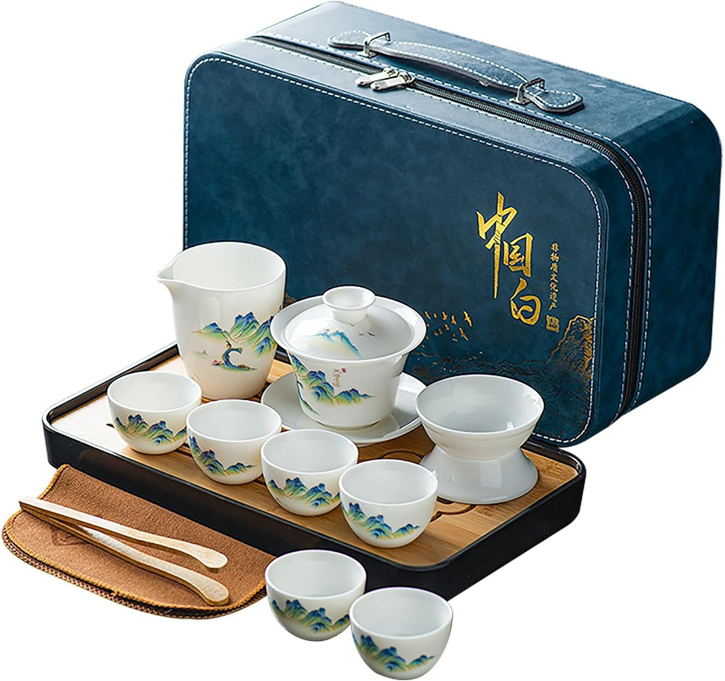 ICHAG Asian tea set |Kungfu tea sets |Ceramic Portable tea set|tea sets for adult |13-piece with grey leather case |Tea set gift for Home,Outdoor,Business