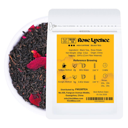 FM108TEA Featured Rose Lychee Black Tea Loose Leaf Tea,Resealable Bag 3.5 Ounce(100g)| With 30PCS Tea Filter Bags,Safe and Natural Material