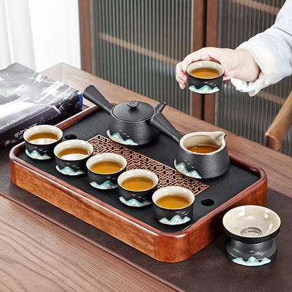 GIZNXBA Tea Set Home Office with Side Handle Pots, Side Handle Cups, Tea Drain Set, Teacups, Tea Tray, Chic Ceramic Dry Bubble Tray Tea Set, Tea Party Set for Tea Lover (Color : /Black, Size : B)