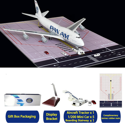Panam 747 Model 1/150 Scale Panam Airlines B747 Model Plane 18 Inches Long with LED Lights and a Large Rubber Airport Mat Ideal Gift and Display