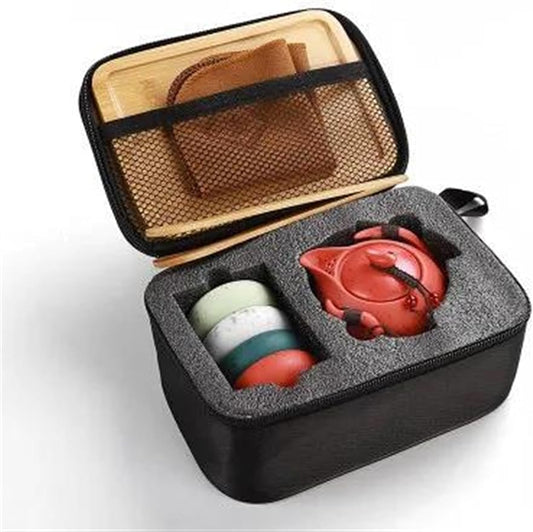Afternoon Tea Set Travel Chinese Kungfu Small Tea Set One Pot Four Cups Ceramic Teapot Cup Bamboo Tray Portable Bag Japanese Tea Ceremony Tea Set For Adults (Color : B)
