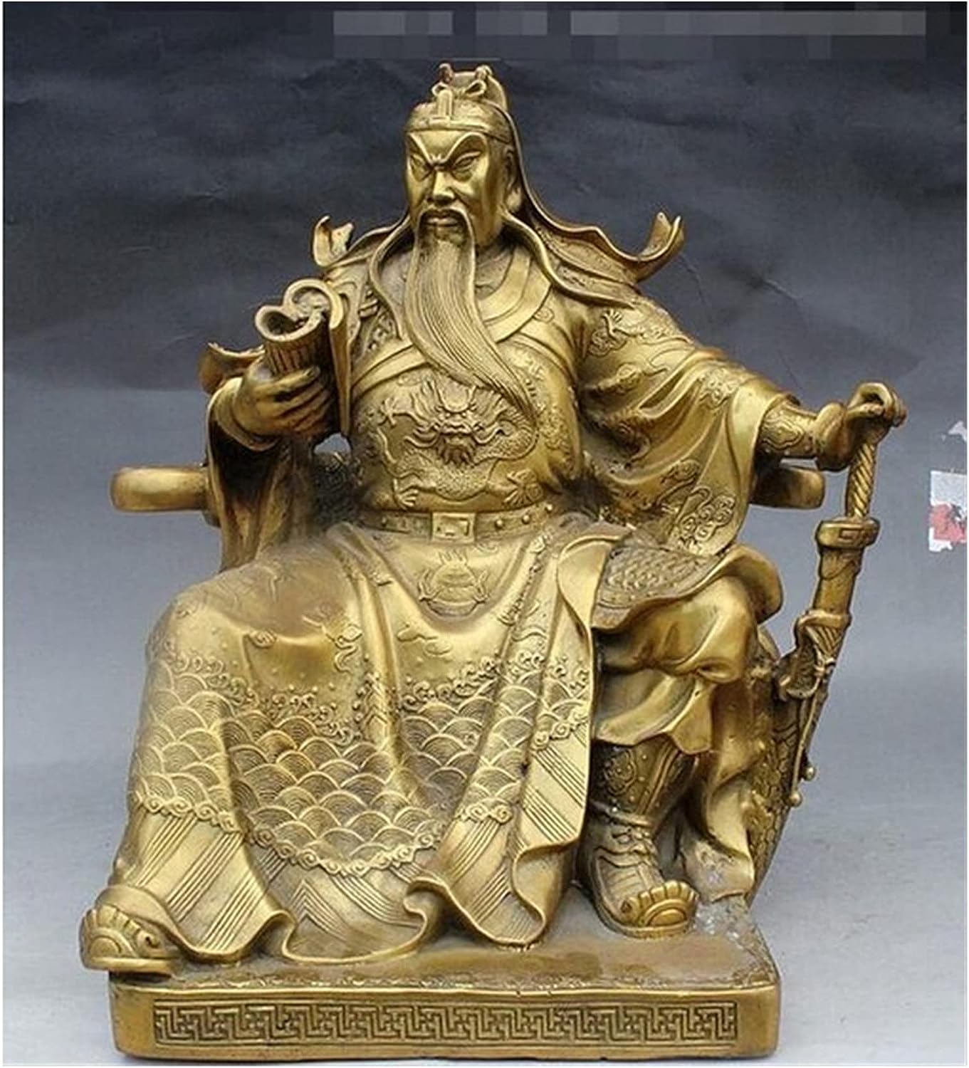 GaYouny Buddha Statue 14" Folk FengShui Brass Tiger Seat Book Guan Gong Yu God Statue