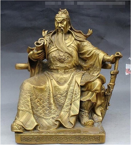 GaYouny Buddha Statue 14" Folk FengShui Brass Tiger Seat Book Guan Gong Yu God Statue