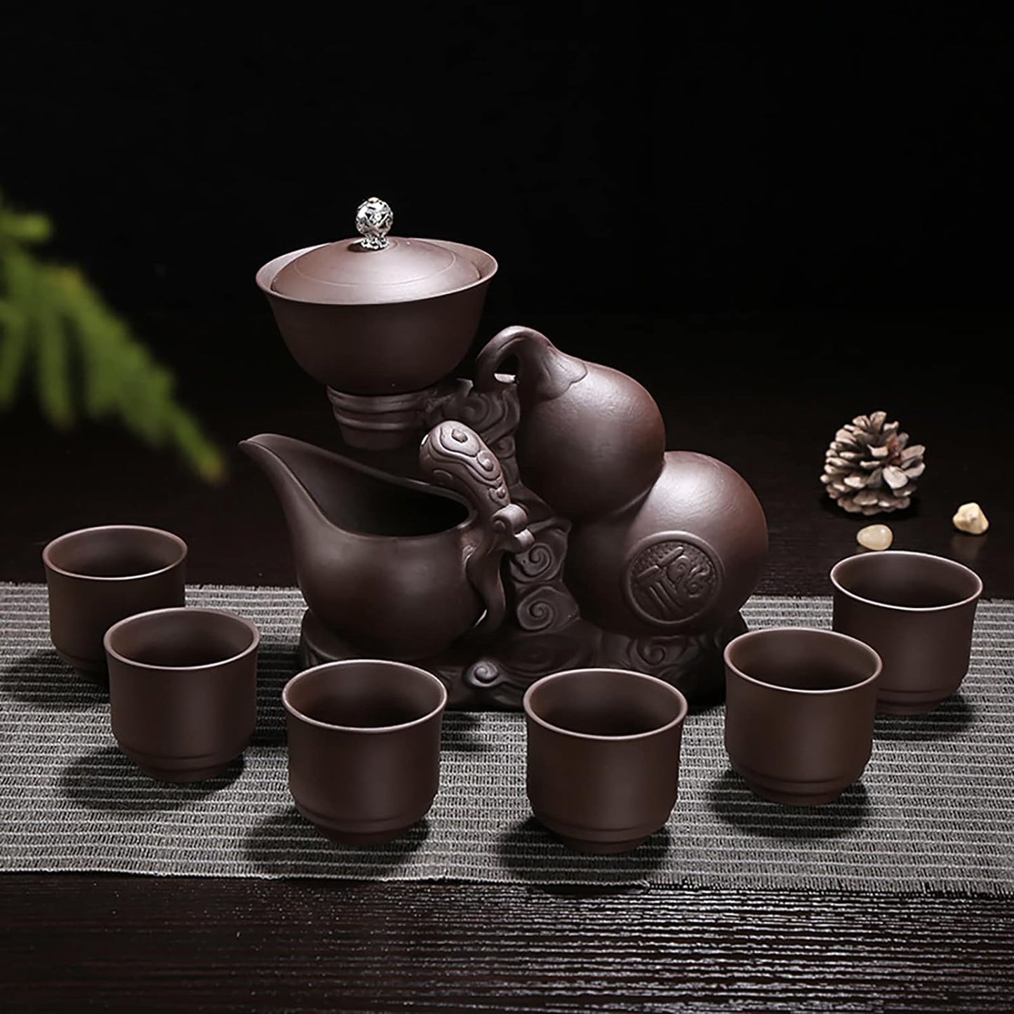 MOZEO Zisha Teapot Set Semi Automatic Drip Rotating with Infuser Lazy Kungfu Tea pot Set with 6pcs Cups (Teapot set)