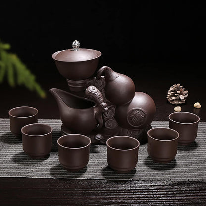MOZEO Zisha Teapot Set Semi Automatic Drip Rotating with Infuser Lazy Kungfu Tea pot Set with 6pcs Cups (Teapot set)
