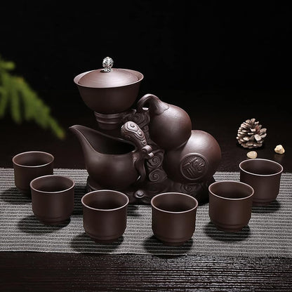 MOZEO Zisha Teapot Set Semi Automatic Drip Rotating with Infuser Lazy Kungfu Tea pot Set with 6pcs Cups (Teapot set)