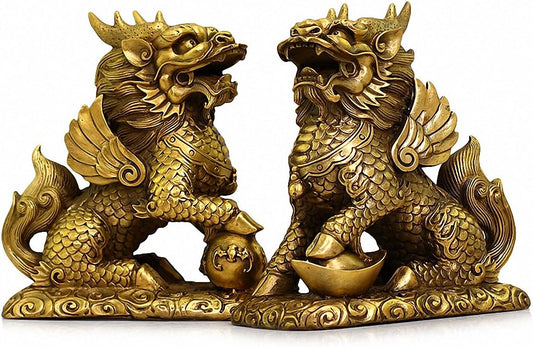 BOYULL Feng Shui Set of Two Golden Brass Chi Lin/Kylin Wealth Prosperity Statue, Home Decoration Attract Wealth and Good Luck