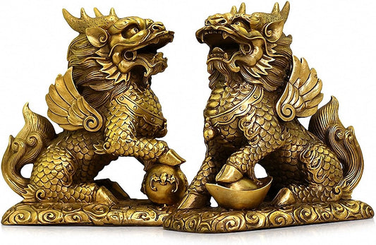 BOYULL Feng Shui Set of Two Golden Brass Chi Lin/Kylin Wealth Prosperity Statue, Home Decoration Attract Wealth and Good Luck