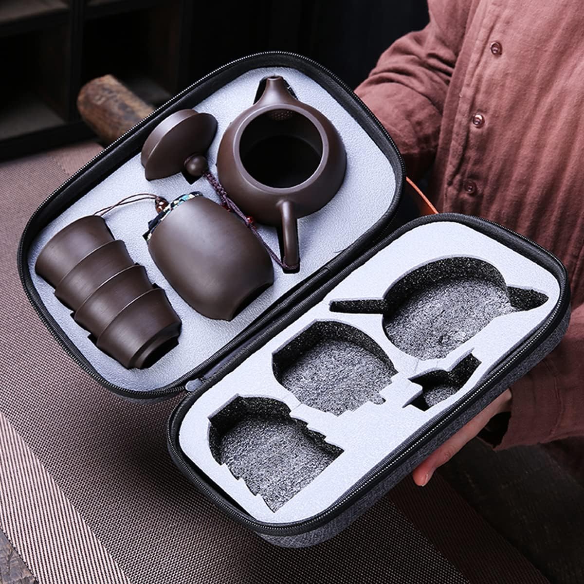 Portable Travel Kungfu Zisha Tea Set, Handmade Purple Clay Teapot Teacups, Traditonal Chinese Tea Pot Style - Purple Clay Teapot & Teacups & Tea can & Tea towel with a Portable Travel Bag