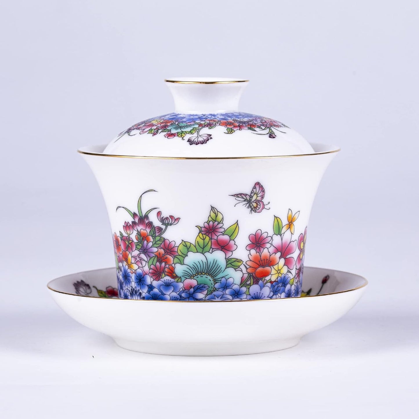 SILINE Classic China Tea Bowl,Suet Jade White Porcelain Gaiwan for Brew Kung Fu Tea Cup Set(Fanhua)