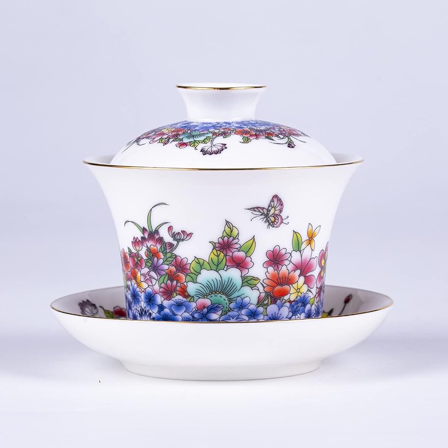 SILINE Classic China Tea Bowl,Suet Jade White Porcelain Gaiwan for Brew Kung Fu Tea Cup Set(Fanhua)