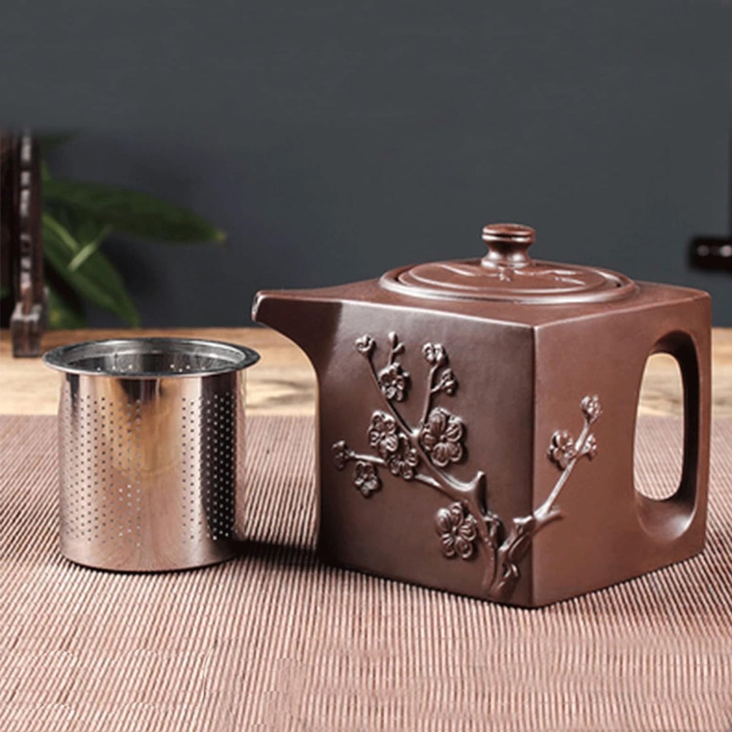 MIKMAX Teapot Zisha Pot Stainless Steel Filter Teapot Large-capacity Square Plum Bamboo Pot Kung Fu Tea Set Tea Bowl Cup Set