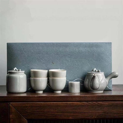 Afternoon Tea Set Japanese Style Ice Gray Glaze Porcelain Kung Fu Tea Set Household Tureen Side Handle Pot Set Tea Set Porcelain Tea Set Chinese Tea Set For Adults (Color : E)