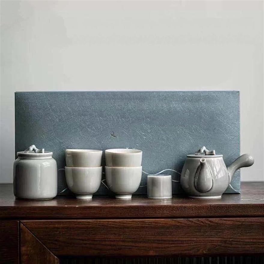 Afternoon Tea Set Japanese Style Ice Gray Glaze Porcelain Kung Fu Tea Set Household Tureen Side Handle Pot Set Tea Set Porcelain Tea Set Chinese Tea Set For Adults (Color : E)