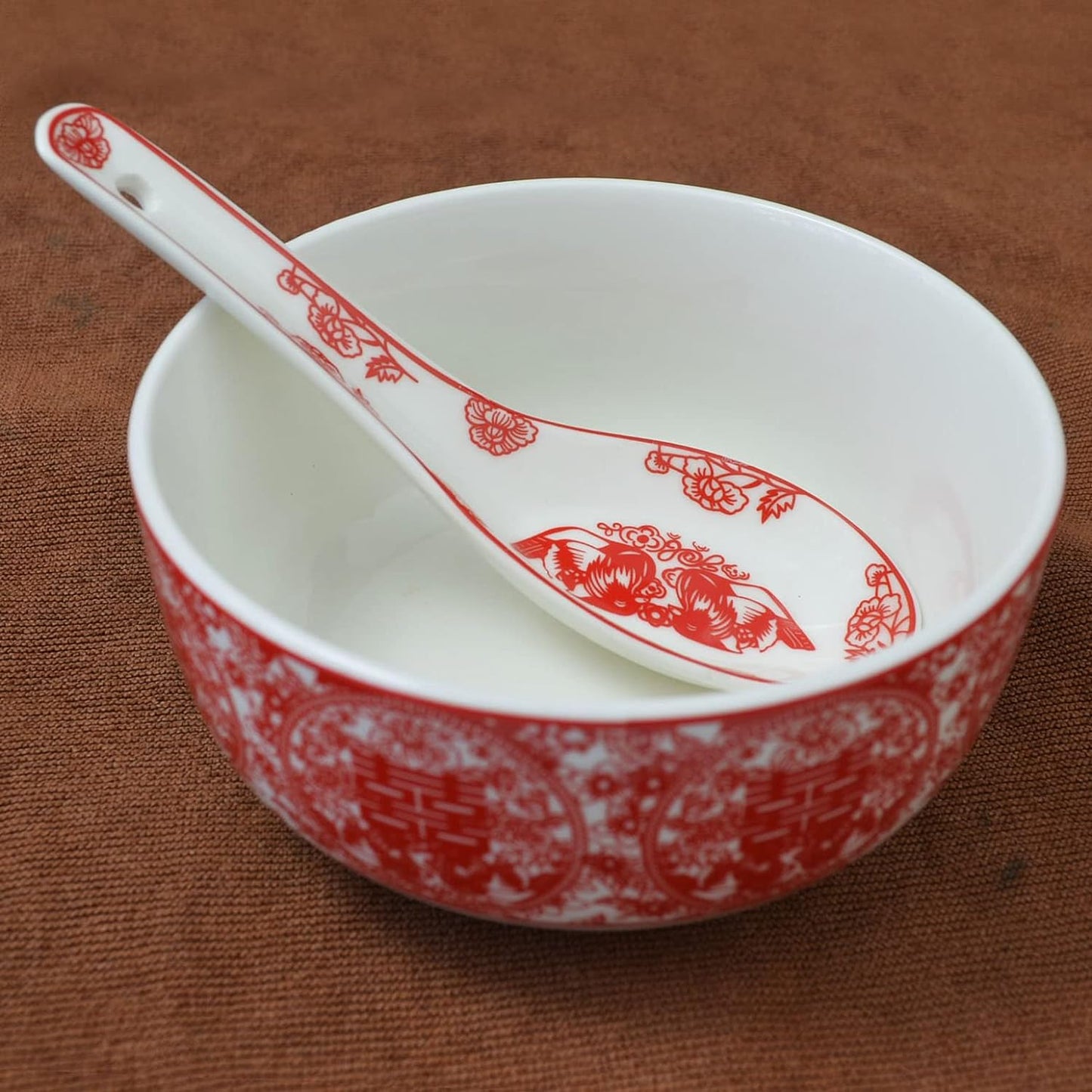Bowl Spoon Gifts Set Chinese Wedding Party Porcelain Tableware Set (Paper-cut style 囍)