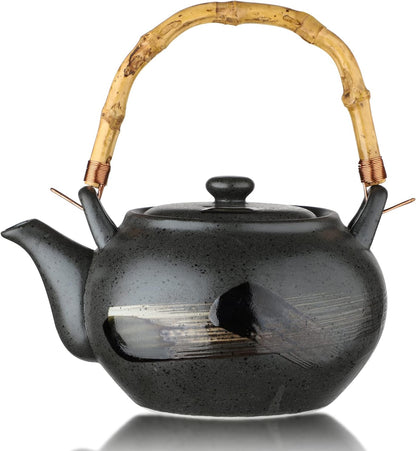 Ceramic Teapot Japanese Style Porcelain Teapot with Rattan Handle Restaurant Office Filter Tea Pot Drinkware Tea Kettle (black-200ml)