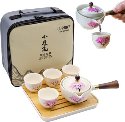 LURRIER 陶瓷中国功夫茶具套装,便携式茶壶套装,带 360 度旋转茶壶和浸泡器,便携式多合一礼品袋,适合旅行、家居、送礼、户外和办公室(花蓝色)