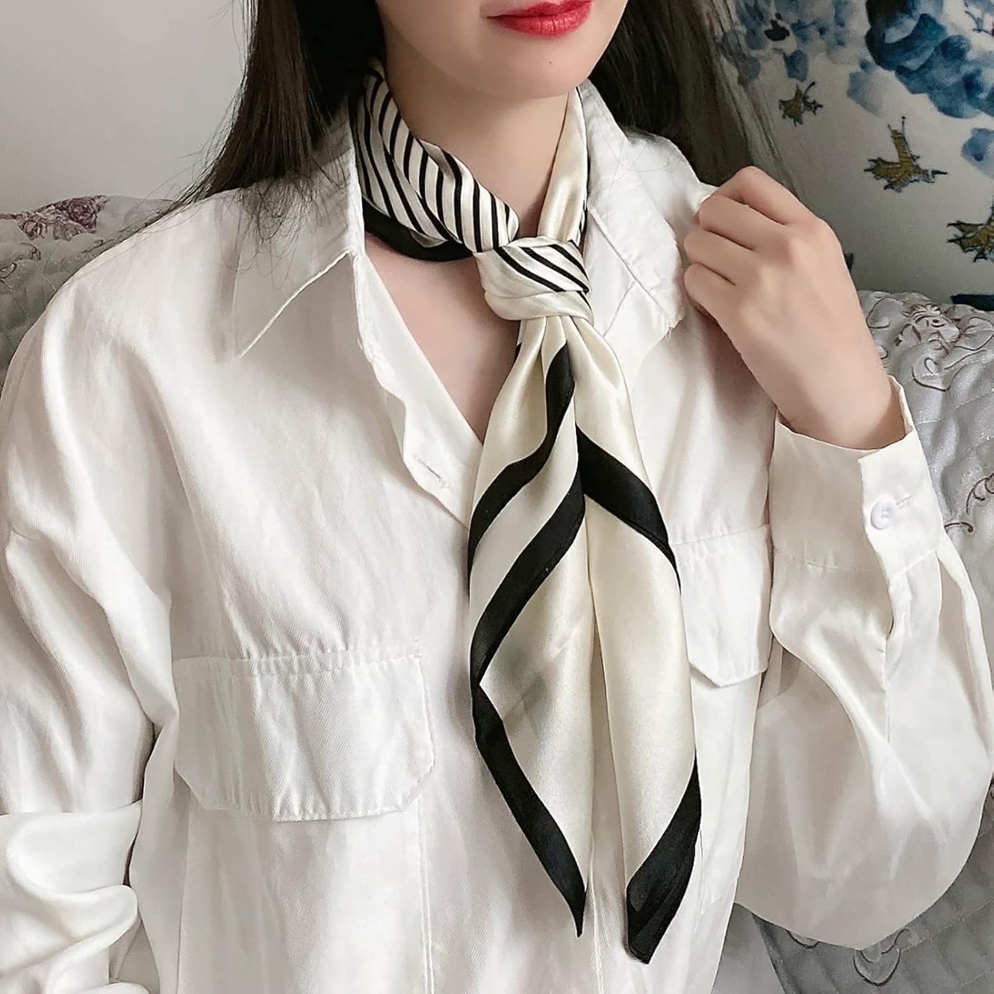 RAN Winter Warm Scarfs Silk Scarf, Simple Striped Pattern Scarf 70cm Square Neck Scarves Shawl for Women Girls