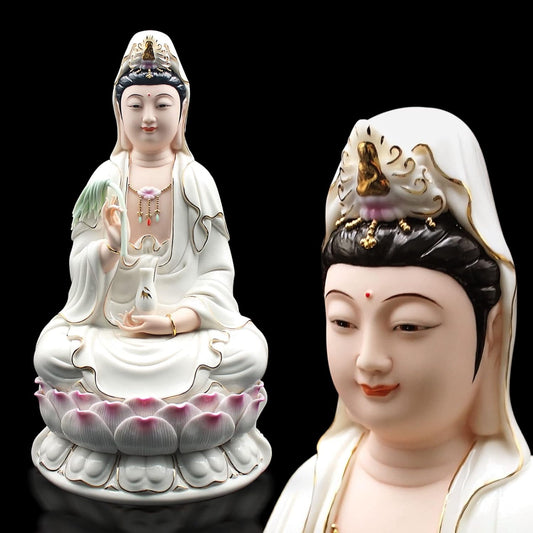 Ceramic Nanhai Guan Yin Statue - GeeJery 12 inch Lotus Buddha Statue Home Worship Ornaments Decor - Kwan Yin Bodhisattva Statue (White)