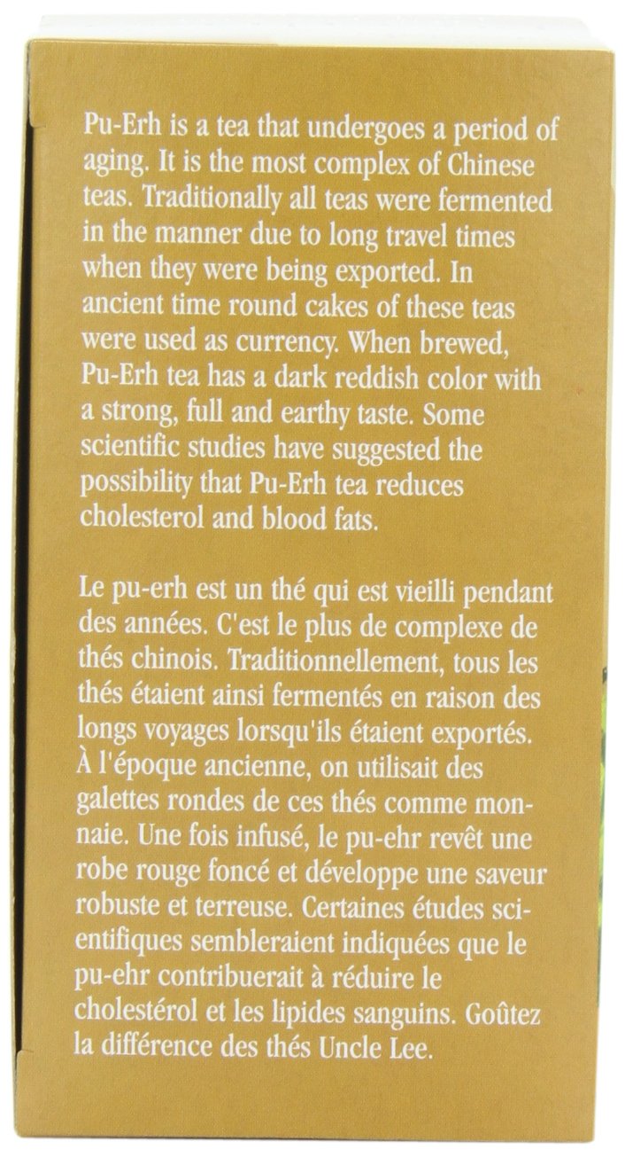 Uncle Lee’s Organic Pu-Erh Tea, 100% Natural Chinese Tea, Fresh & Full Earthy Flavor, Enjoy as Hot Tea or Iced Tea Beverages, Coffee Alternative, 4 Pack - 18 Tea Bags per Box