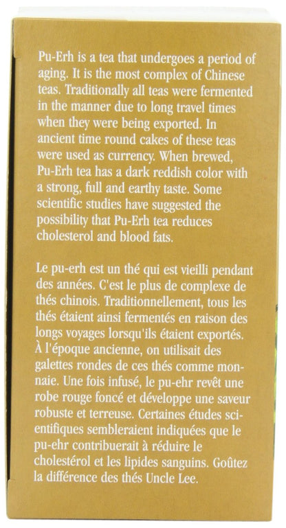 Uncle Lee’s Organic Pu-Erh Tea, 100% Natural Chinese Tea, Fresh & Full Earthy Flavor, Enjoy as Hot Tea or Iced Tea Beverages, Coffee Alternative, 4 Pack - 18 Tea Bags per Box