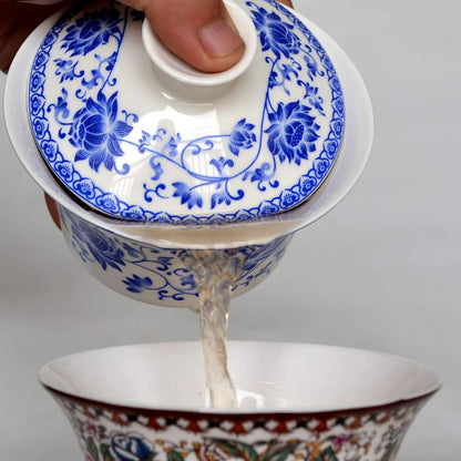 honeylive Gaiwan Chinese 150ml-200ml Sancai tureen Tray Cup Blue White Porcelain Saucer Lid (simple A 5oz)