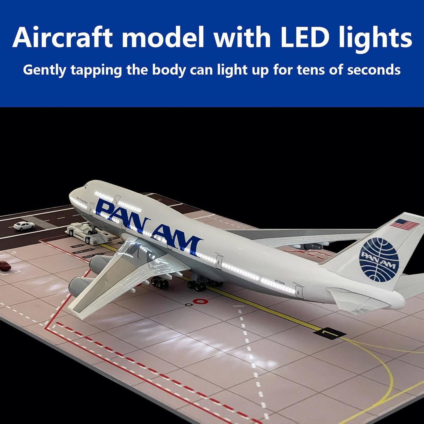 Panam 747 Model 1/150 Scale Panam Airlines B747 Model Plane 18 Inches Long with LED Lights and a Large Rubber Airport Mat Ideal Gift and Display