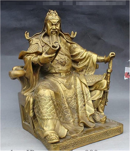 GaYouny Buddha Statue 14" Folk FengShui Brass Tiger Seat Book Guan Gong Yu God Statue