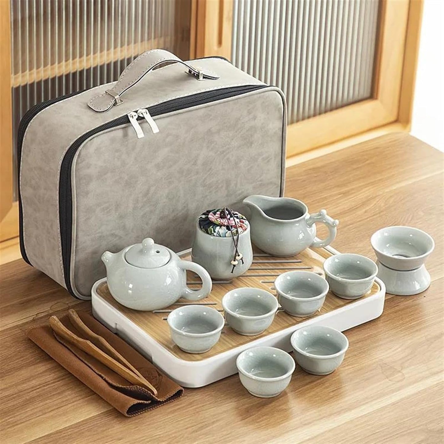 Afternoon Tea Set Travel Ceramic Kung Fu Tea Set Tray Full Portable Storage Bag Pot Cup Tea Set for Adults (Color : E)