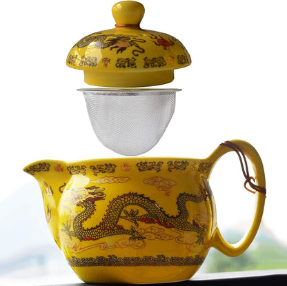 Teapot China Porcelain 12oz Dragon Stainless Steel Teacup 4pcs Gongfu Set Infuser for Loose Tea