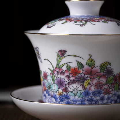 SILINE Classic China Tea Bowl,Suet Jade White Porcelain Gaiwan for Brew Kung Fu Tea Cup Set(Fanhua)