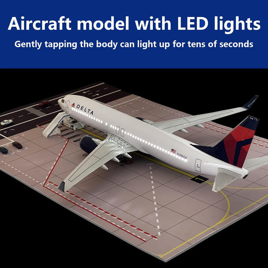 B737 Model Plane 1/150 Scale 737 Model Airplane 18.5 Inches Long with LED Lights and a Large Rubber Airport Mat, Ideal Gift and Display