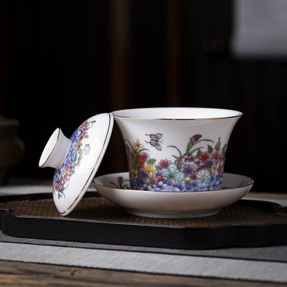 SILINE Classic China Tea Bowl,Suet Jade White Porcelain Gaiwan for Brew Kung Fu Tea Cup Set(Fanhua)