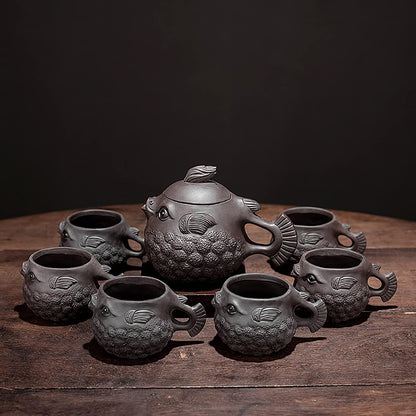 Hormsdar Pruple Clay Teapot Pure Handmade Pufferfish Tea Pot Zisha Tea Set Kettle Kung Fu Teapot (Teacup)