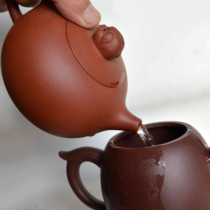 Teapot 9.5oz Chinese Yixing Xishi Tea Pots Handmade Zisha Genuine Clay Pig Lid