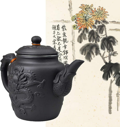 Teapot Chinese Yixing Gongfu Tea Large Pots 600ml Dragon Stainless Filter for Loose Tea (black)