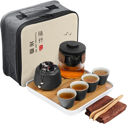 fanquare Chinese Gold Ceramic Kungfu Tea Set, Japanese Travel Tea Set with Tray, Portable Bag, Black Teapot, Tea Strainer