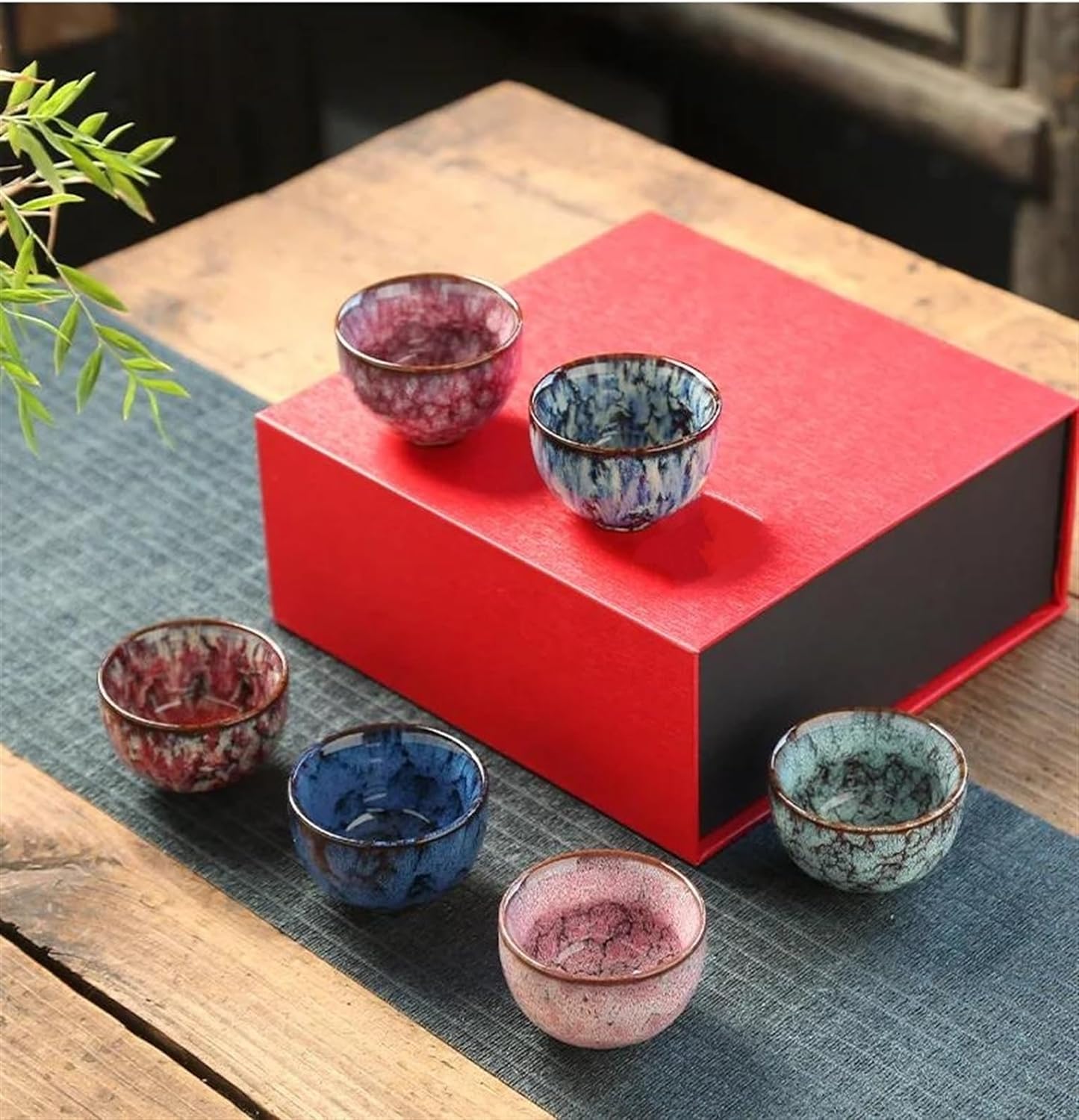 Afternoon Tea Set 6Pcs Ceramic Tea Cup Set Kiln Transformation Tea Cup Kung Fu Tea Set Tianmu Glazed Teacup Tea Bowl Chinese Tea Set Gift Box Tea Set for Adults (Color : F)