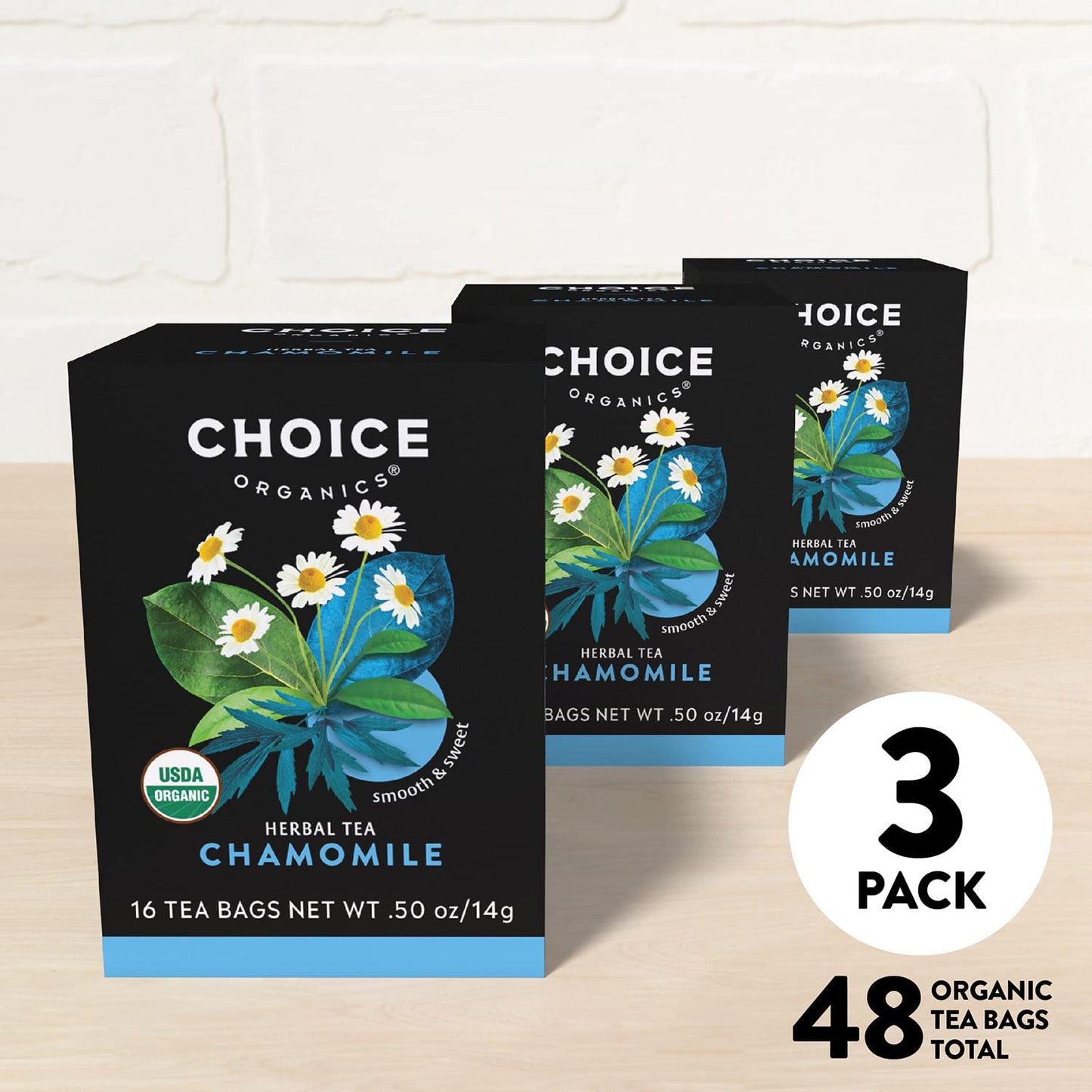 Choice Organics - Organic Chamomile Tea (3 Pack) - Compostable - Caffeine Free - 48 Organic Herbal Tea Bags