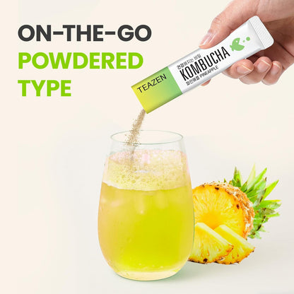 TEAZEN Pineapple Kombucha Tea, Live Probiotics & Postbiotics, Sugar Free, Low Caffeine, Sparkling Fermented Kombucha Powder from Korea, 30 Sticks, 5.29oz