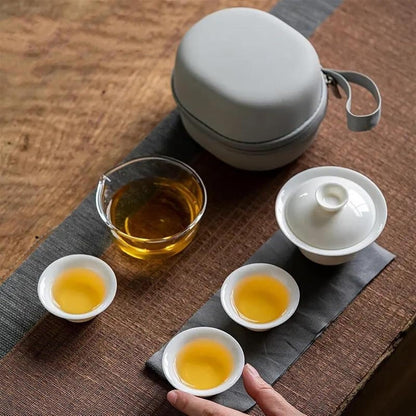 FUTWIZ Afternoon Tea Set Portable Suet Jade White Porcelain Travel Tea Set Boutique Ceramic Cover Bowl Boutique 1 Pot 3 Cups Outdoor Camping Teaware Gift Tea Set for Adults