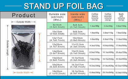 FERENLI 100 Pieces Stand Up Clear Front Zipper Lock Resealable Aluminum Mylar Foil Plastic Packaging Bag for Zip Heat Seal Package Lock with Tear Notch Long Term Food Storage 3.5x5.5 inch